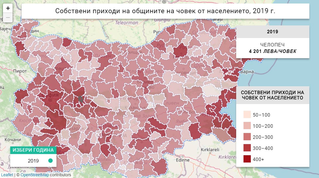 КАРТА: Собствени приходи на общините в България